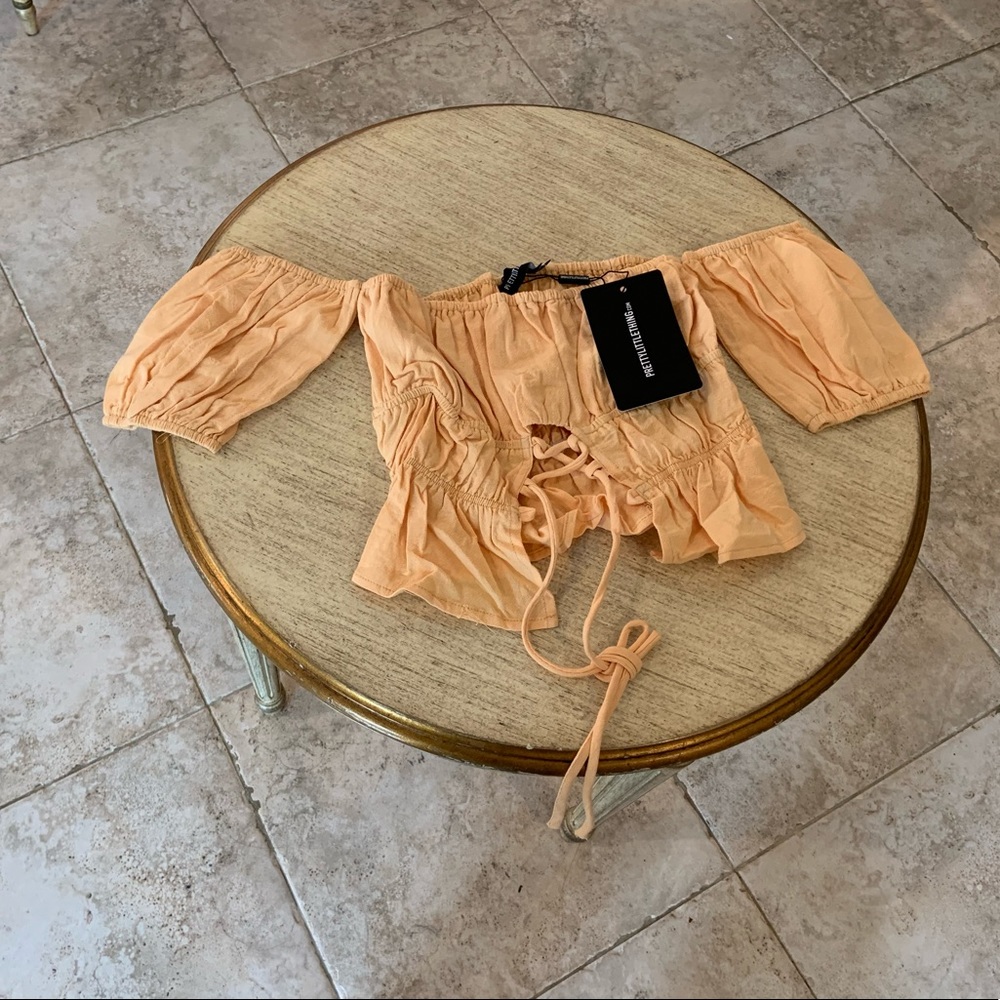 NWT Prettylittlething tangerine textured cotton Bardot top